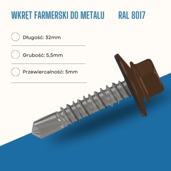 Wkręt farmerski do metalu 5,5X32 mm przewiercalność 5 mm w kolorze RAL 8017